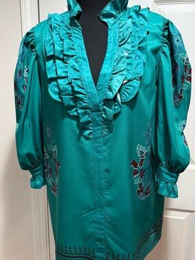 SHEIN Teal Ruffled Satin Blouse with Floral Accents